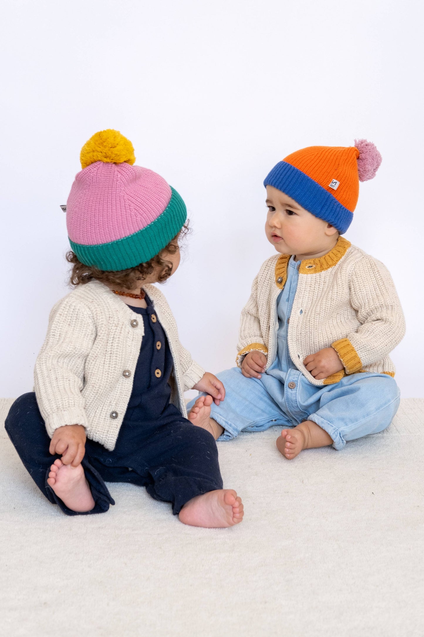 Cotton Knit Baby Bobble Hat: Orange & Blue