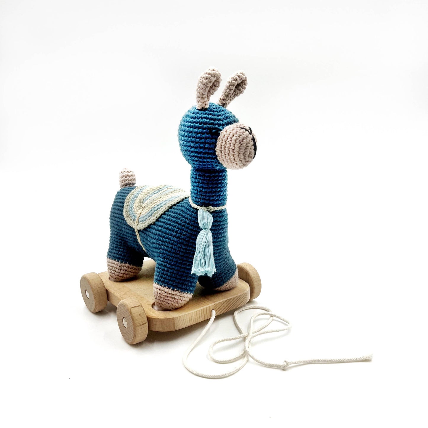Crochet Baby Toy Pull along - llamas petrol blue