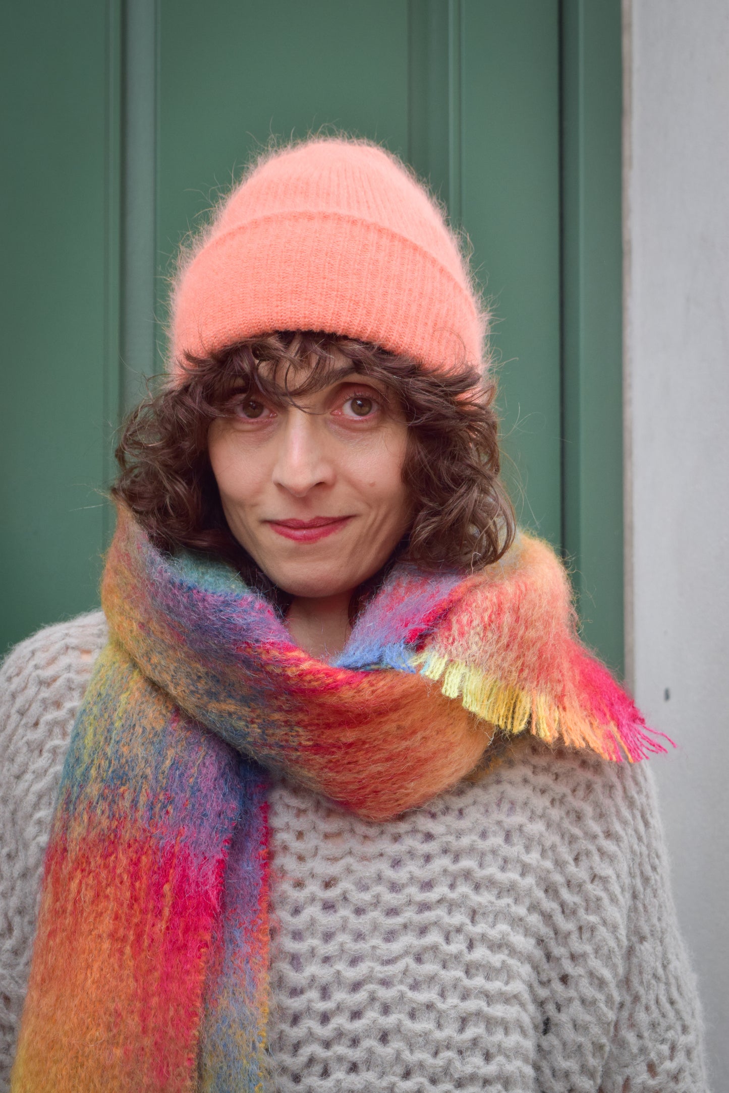 Fluffy Angora knit hat-Coral pink-