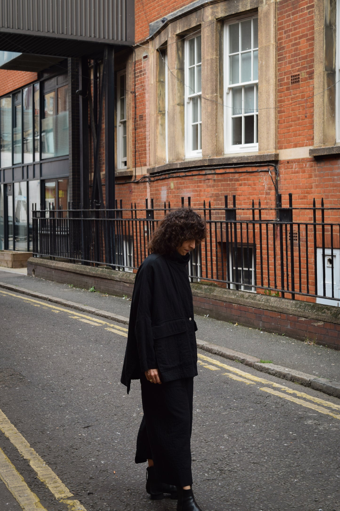 High neck kimono textured cotton Jackets -Black-