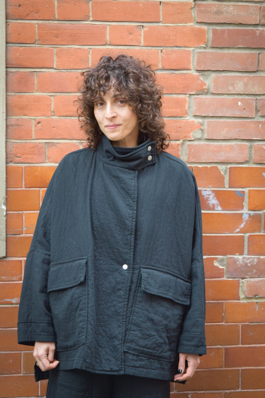 High neck kimono textured cotton Jackets -Black-