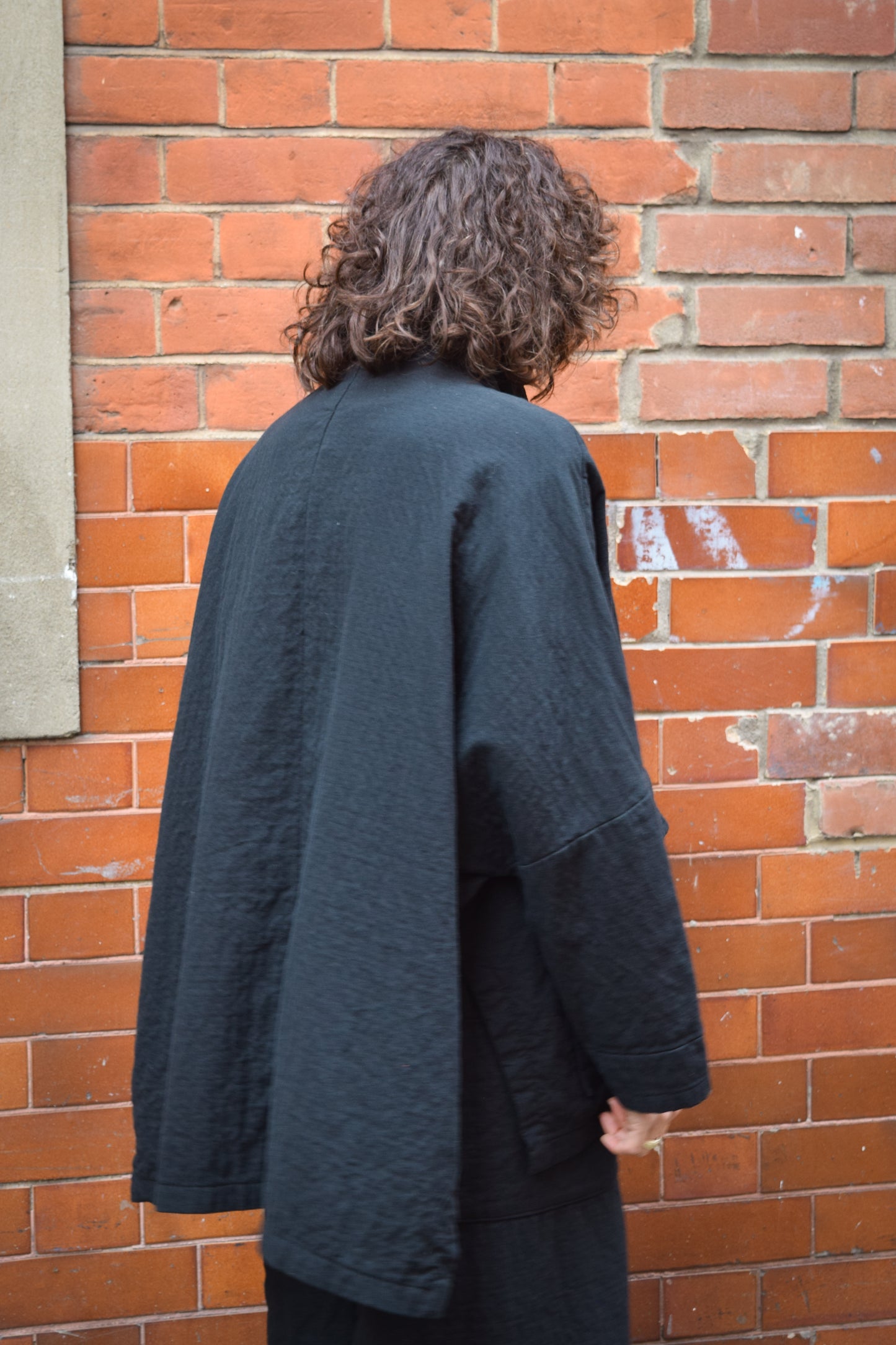 High neck kimono textured cotton Jackets -Black-