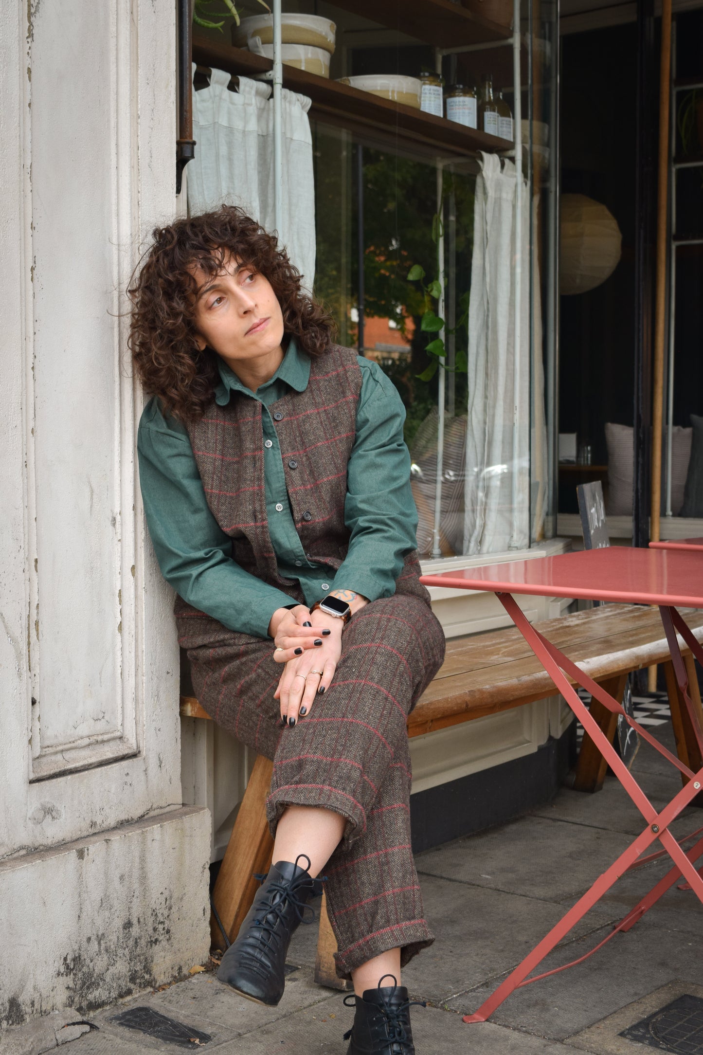 Check wool trousers -Brown-