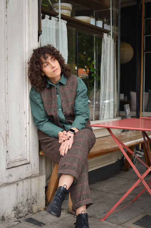 Check wool trousers -Brown-