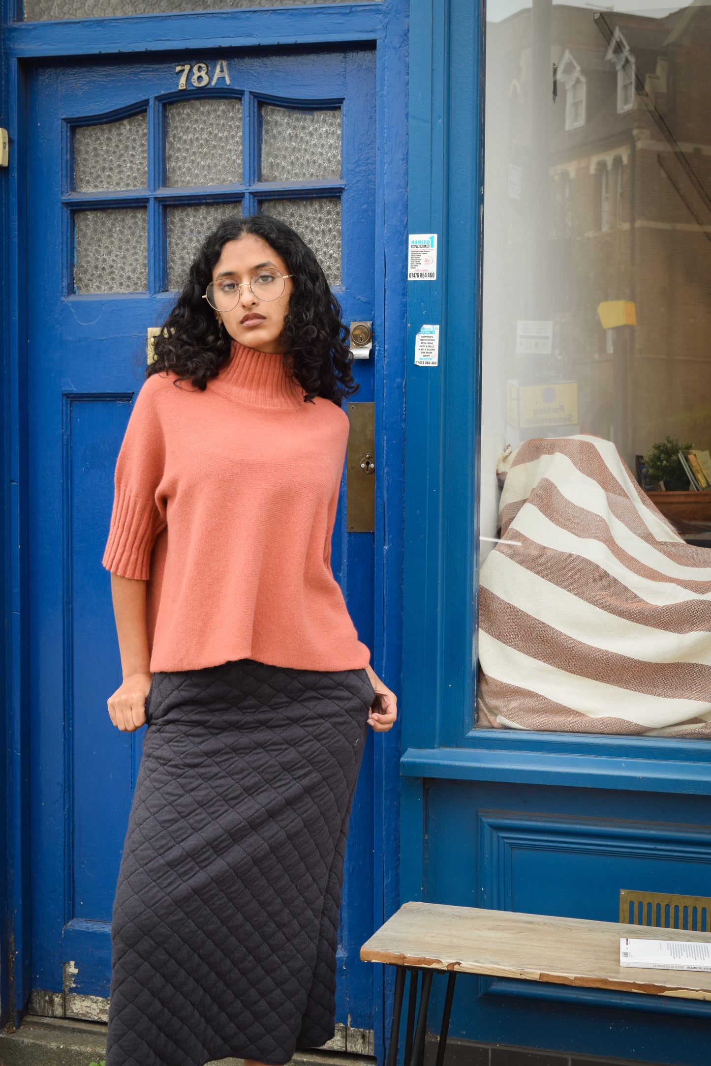 Polo neck h/S rib sleeve knit -Orange-