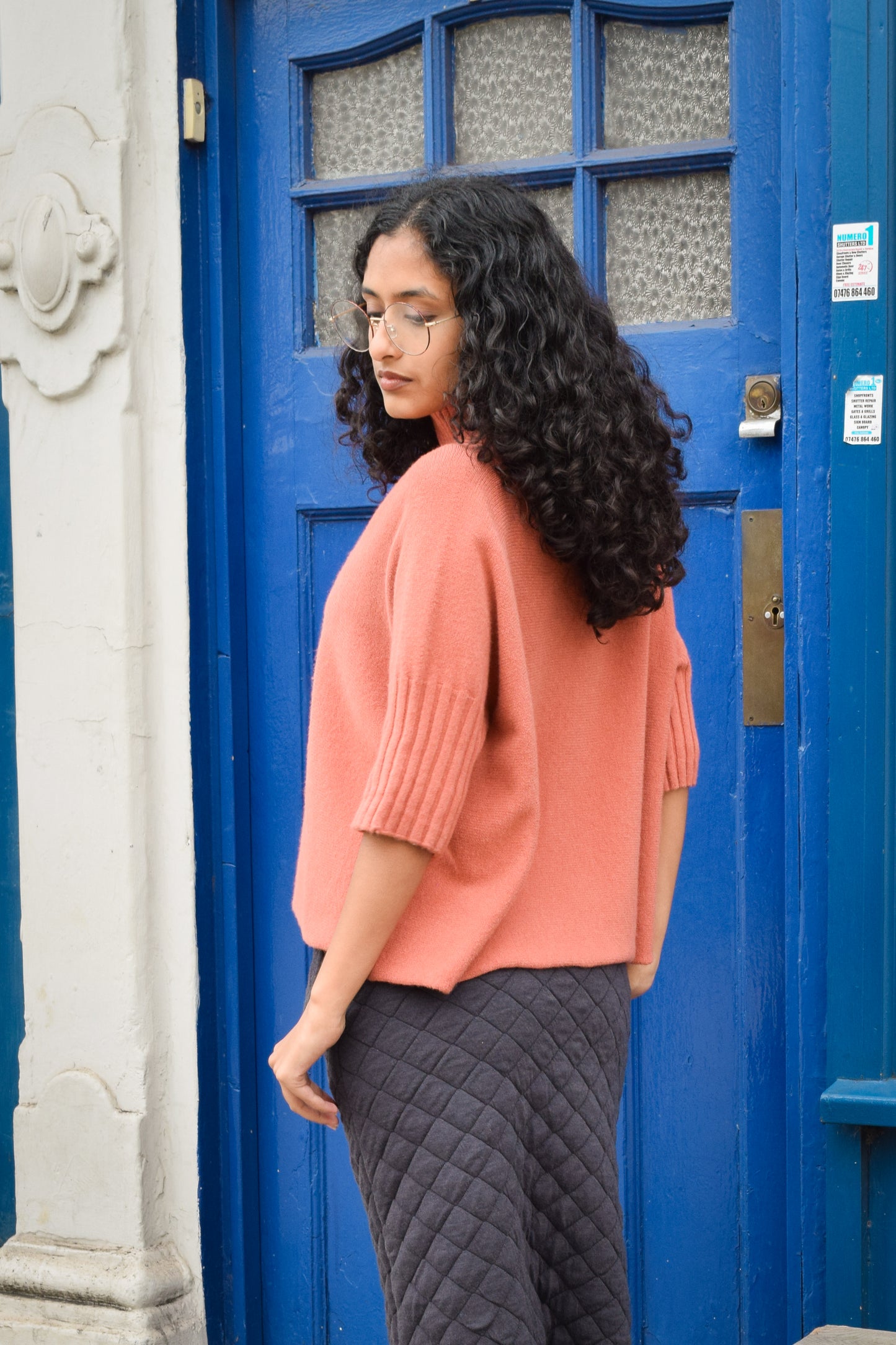 Polo neck h/S rib sleeve knit -Orange-