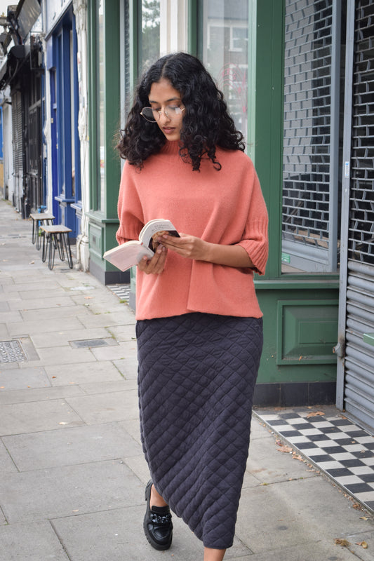 Polo neck h/S rib sleeve knit -Orange-