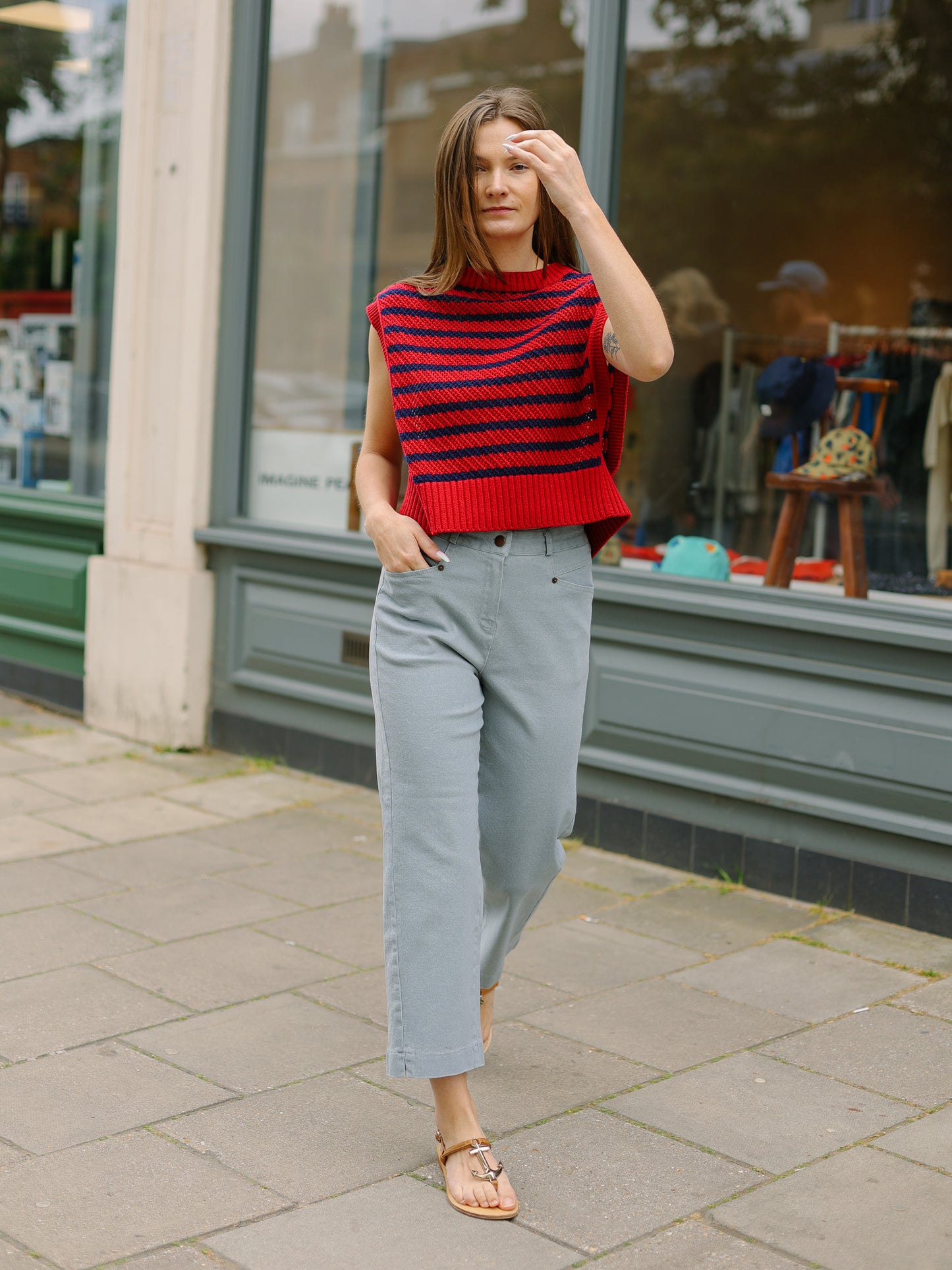 Stripe knit vest -RED-