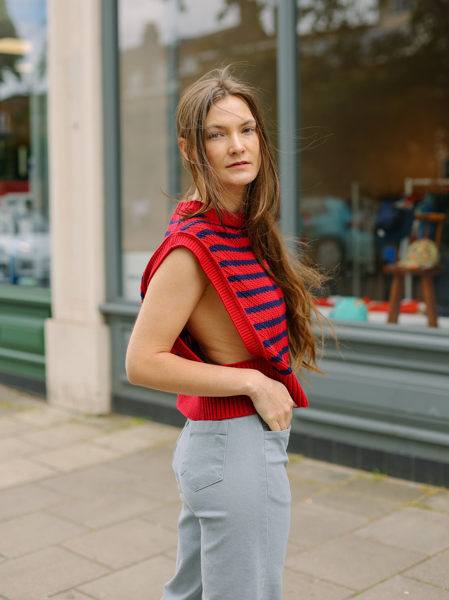 Stripe knit vest -RED-