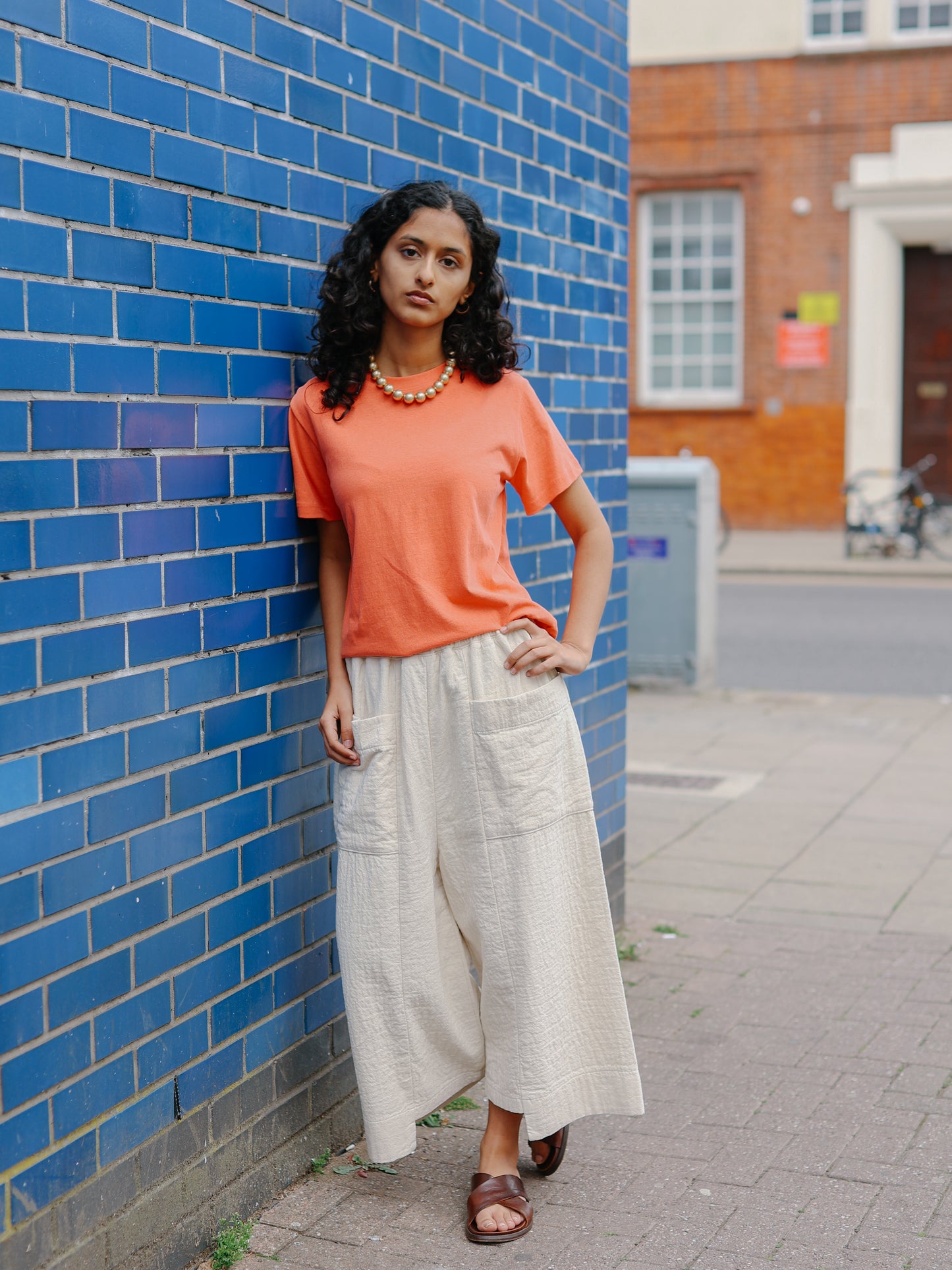 Textured cotton wide trousers light weight -IVORY-