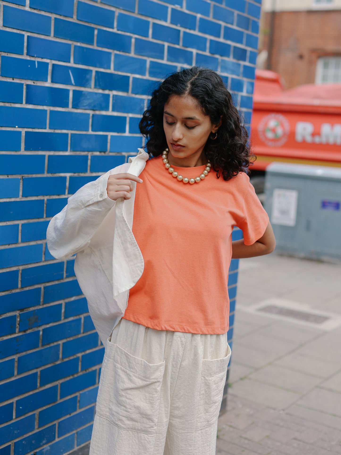 Stone washed colour T -Orange-