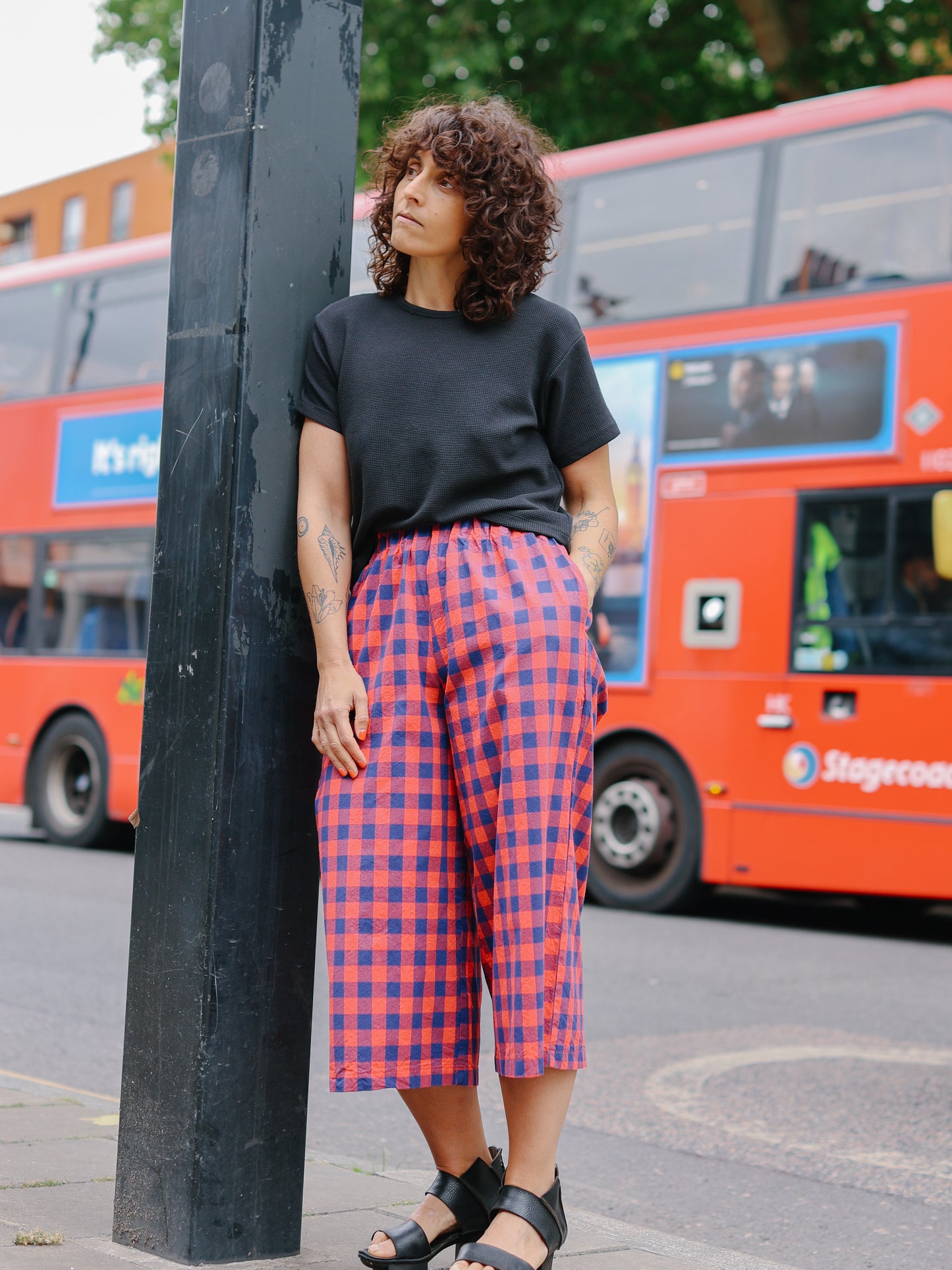 Marie cotton trousers Gingham Check -RedxNavy-