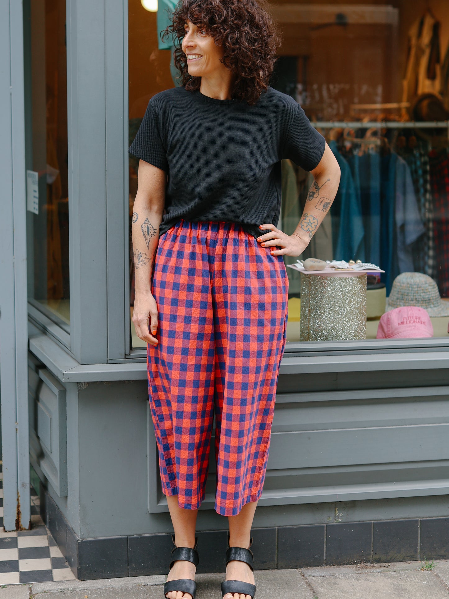 Marie cotton trousers Gingham Check -RedxNavy-