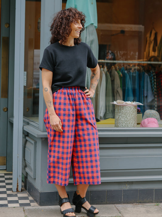 Marie cotton trousers Gingham Check -RedxNavy-