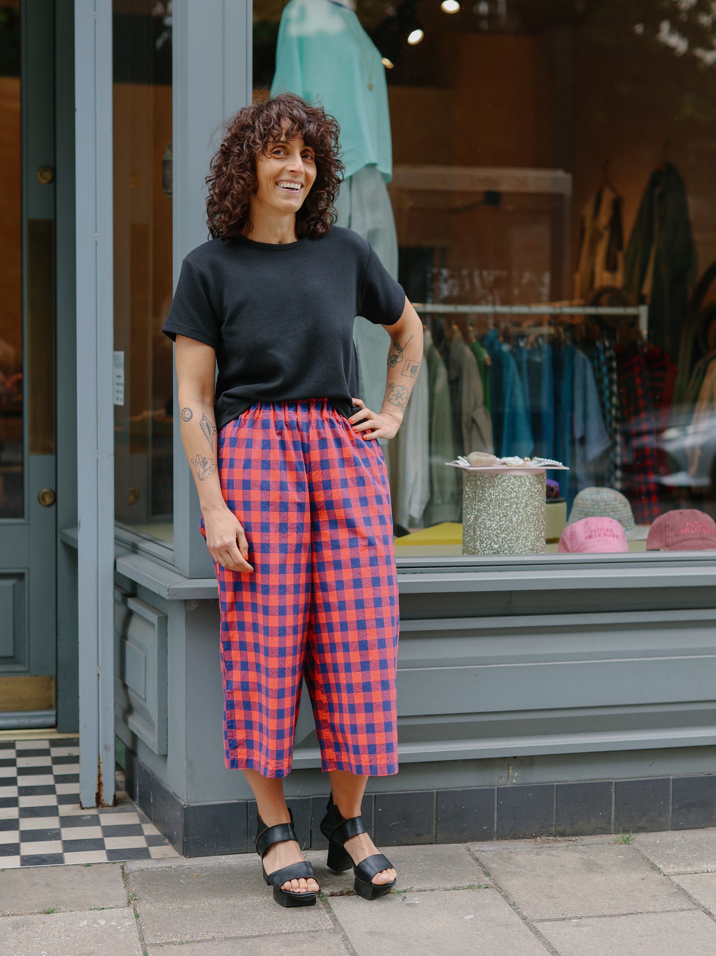 Marie cotton trousers Gingham Check -RedxNavy-