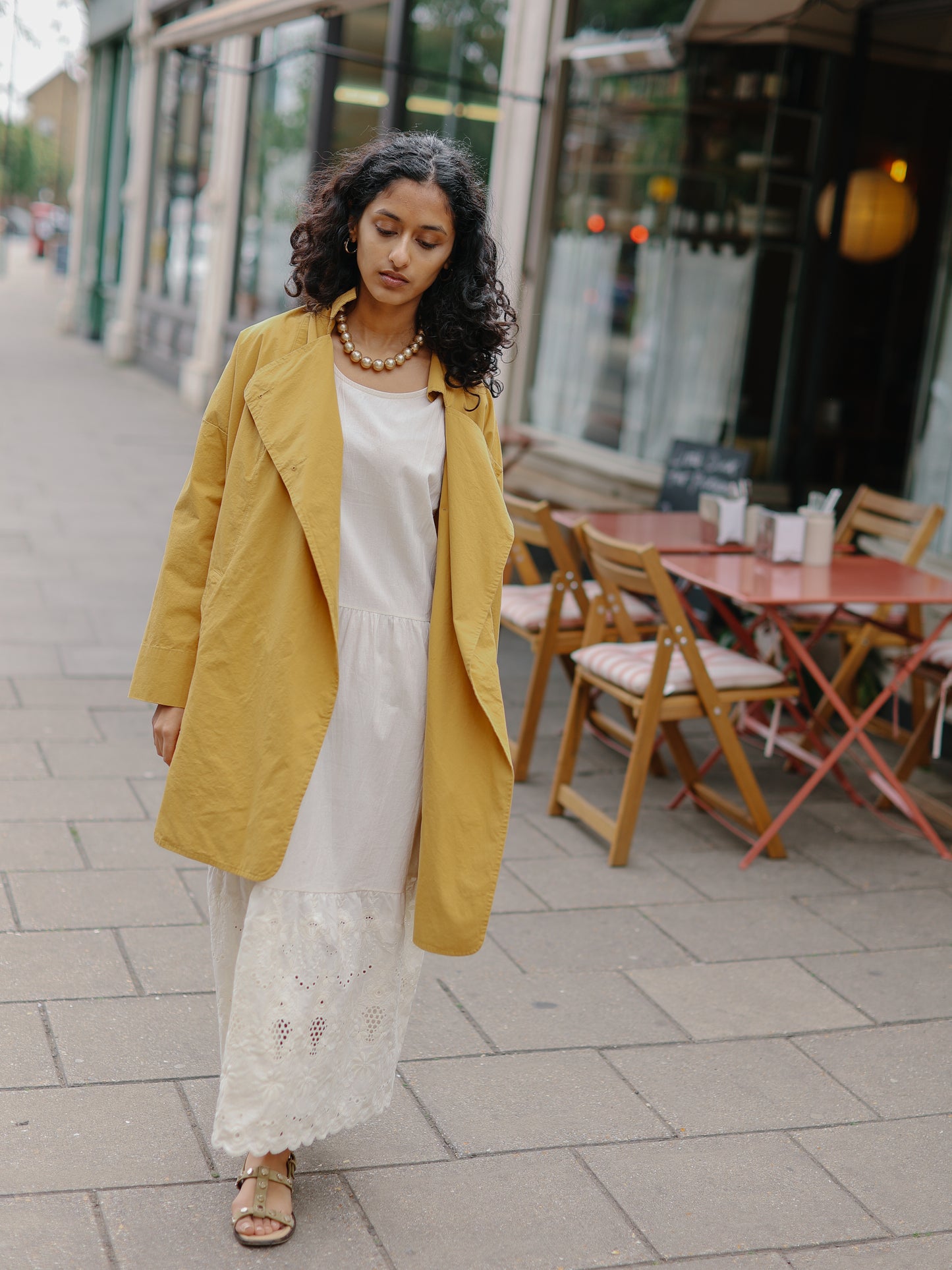 Double breasted folded sleeve cotton Jacket -Yellow-