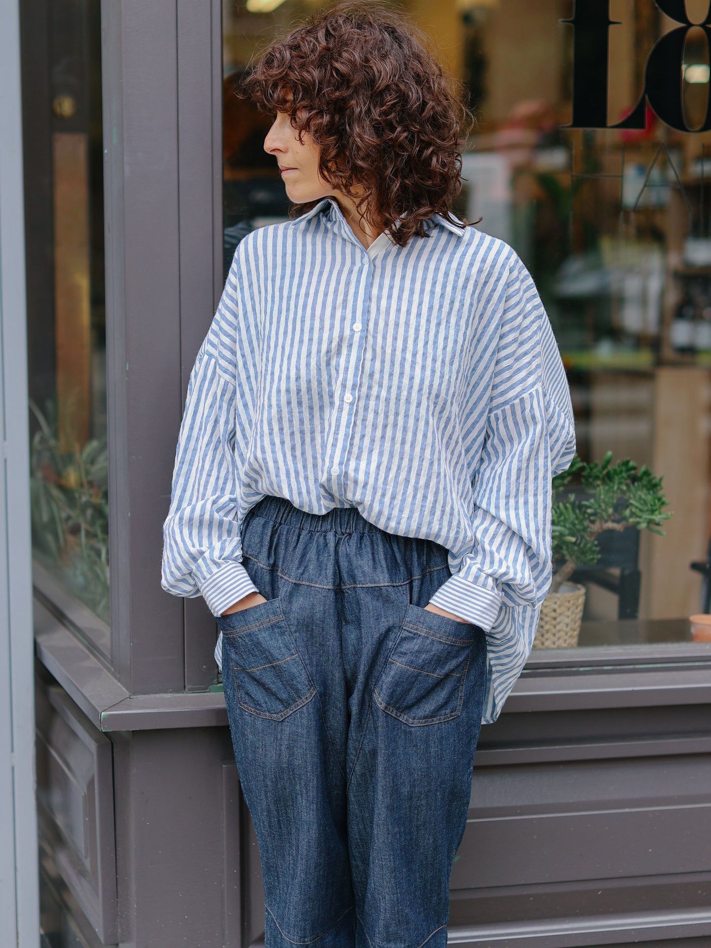 Mix stripe cotton shirts -Blue-