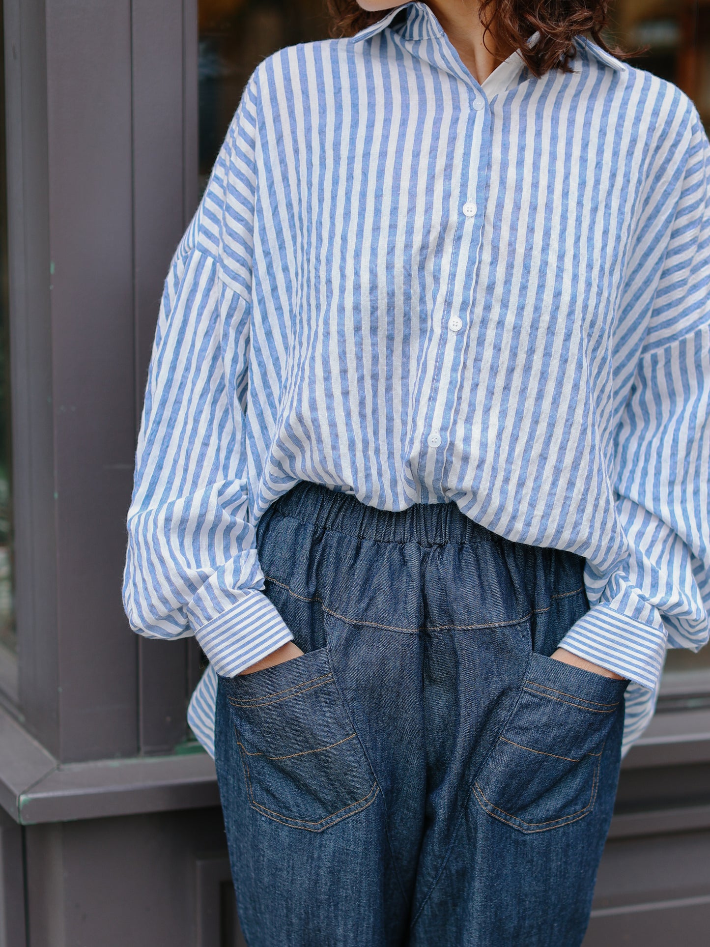 Mix stripe cotton shirts -Blue-