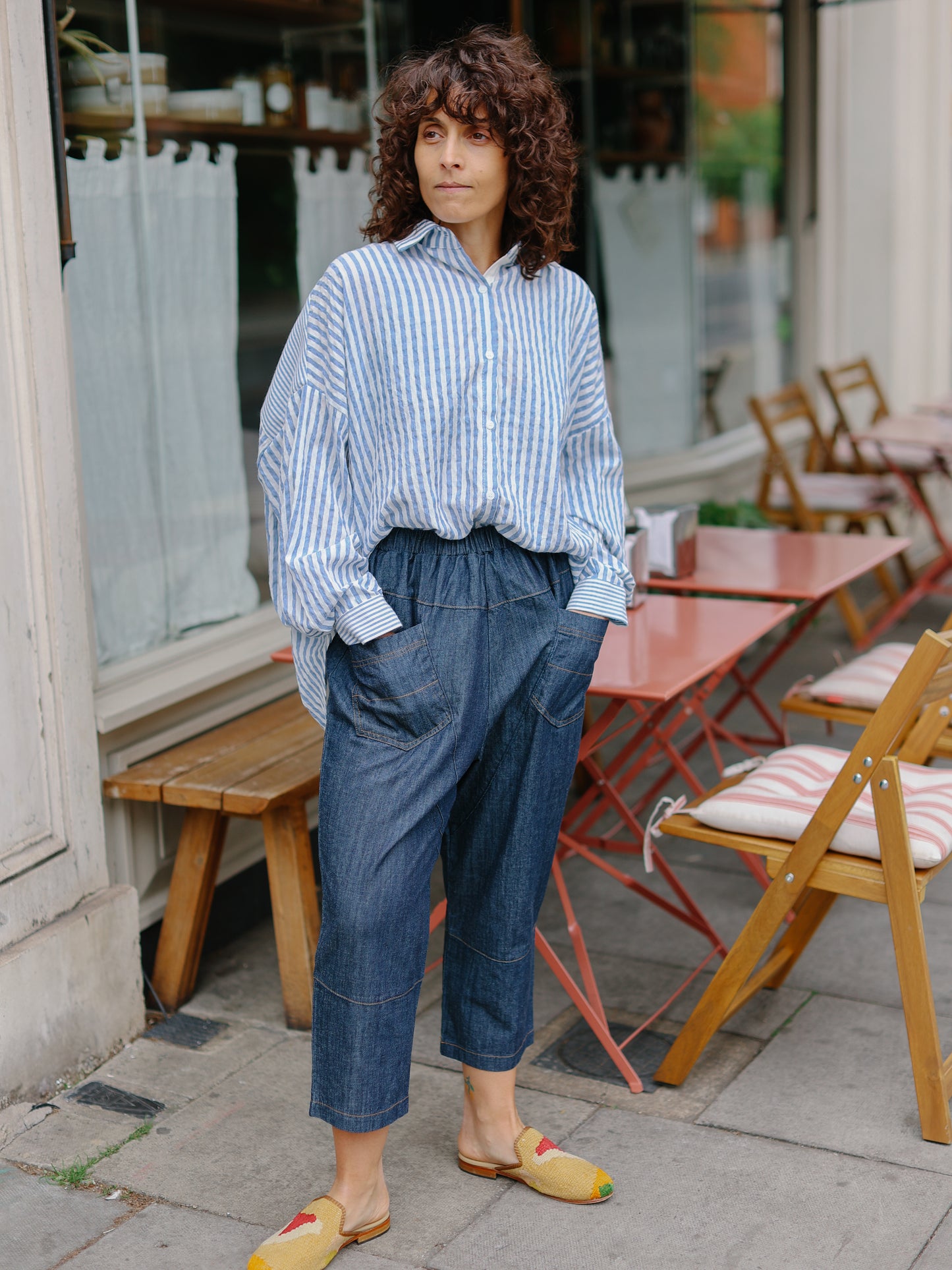 Mix stripe cotton shirts -Blue-