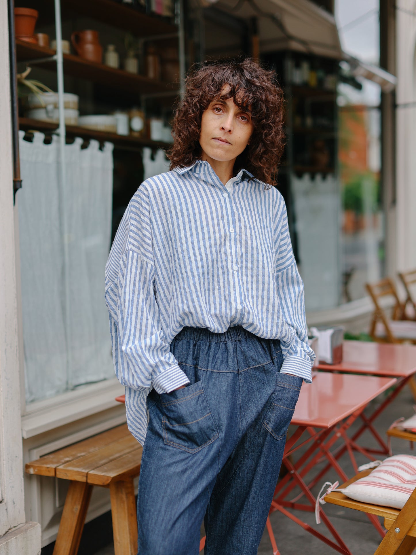 Mix stripe cotton shirts -Blue-