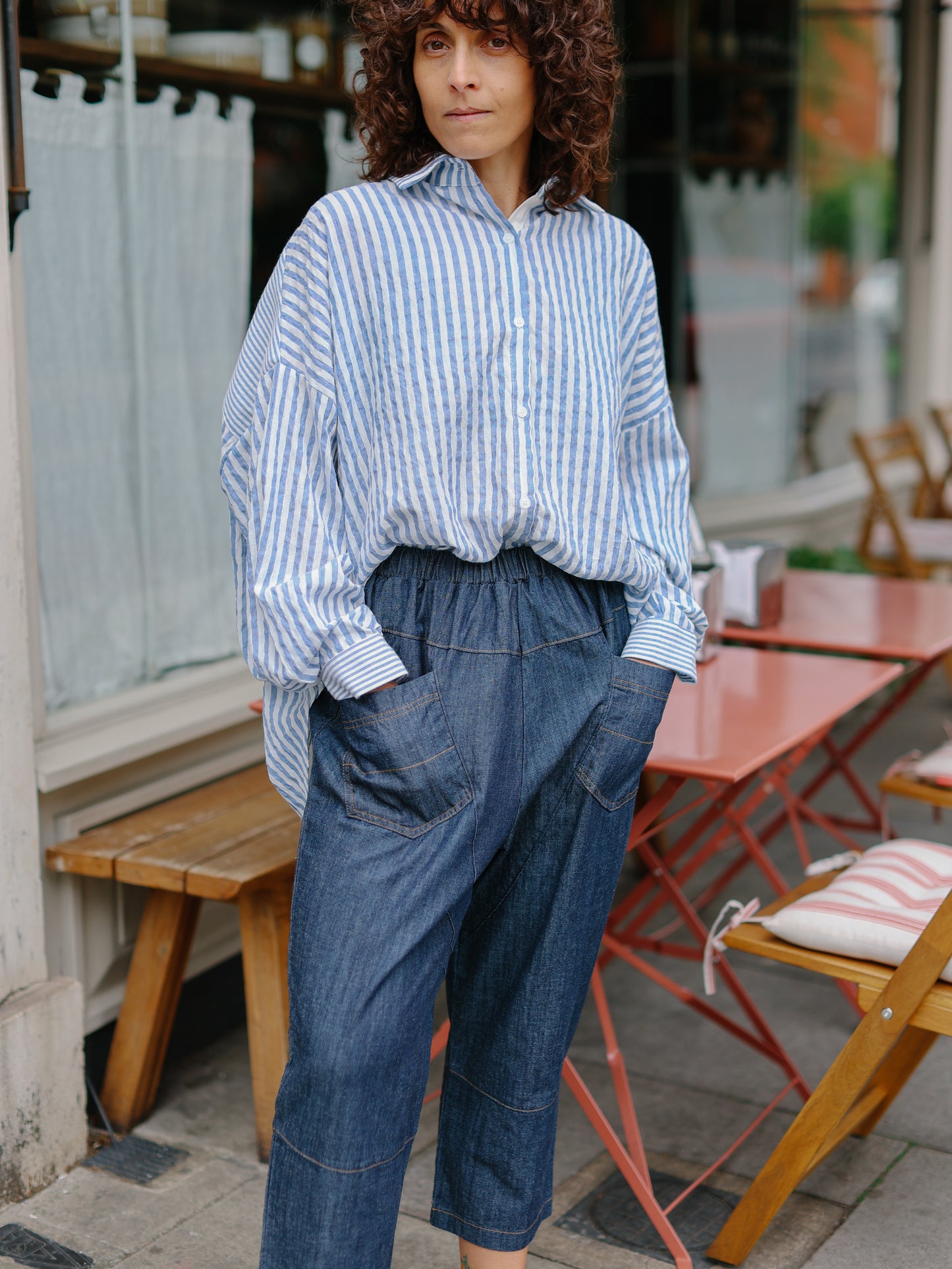 Mix stripe cotton shirts -Blue-