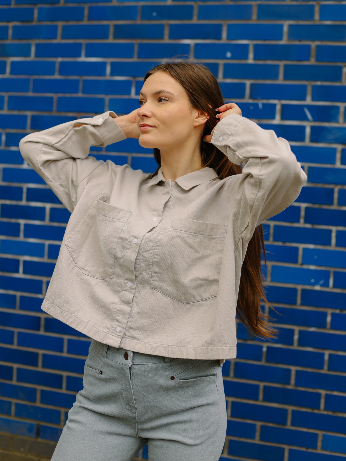 Front Two SQ pockets shirts -Beige-