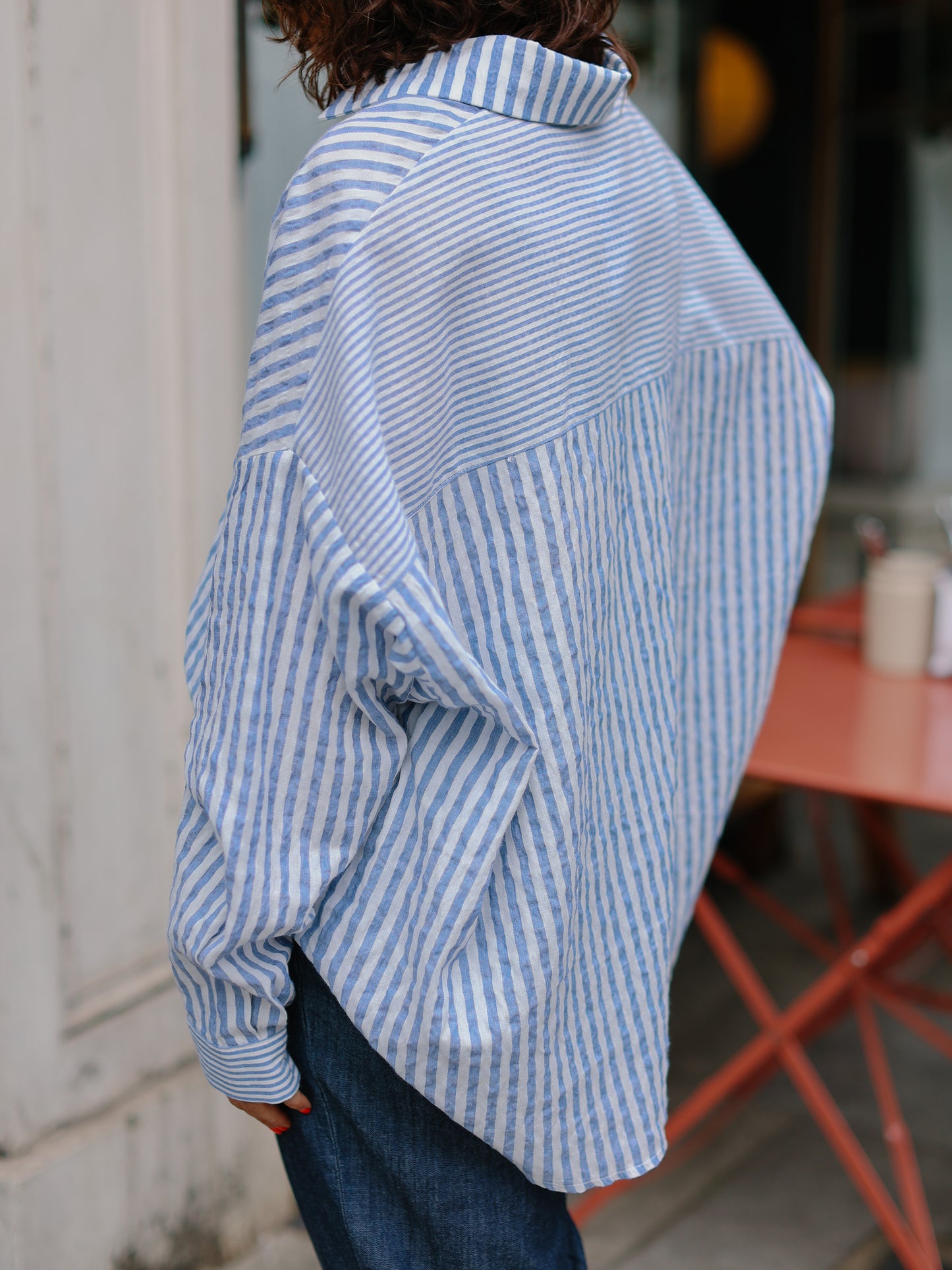 Mix stripe cotton shirts -Blue-