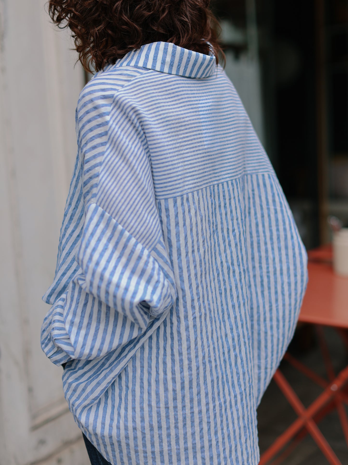 Mix stripe cotton shirts -Blue-