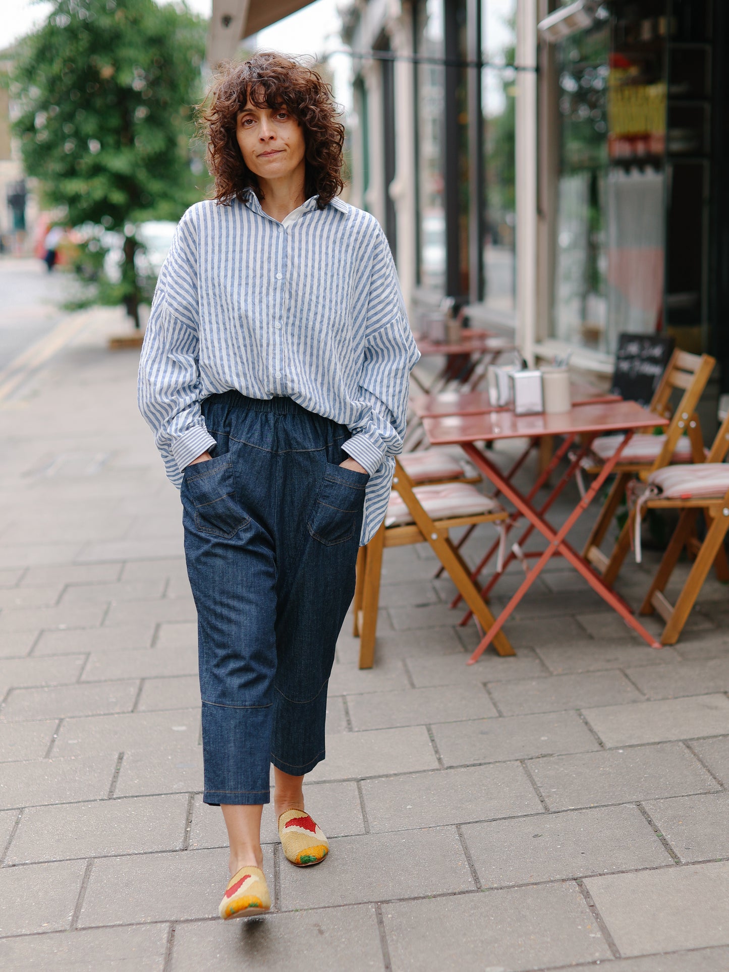 Mix stripe cotton shirts -Blue-
