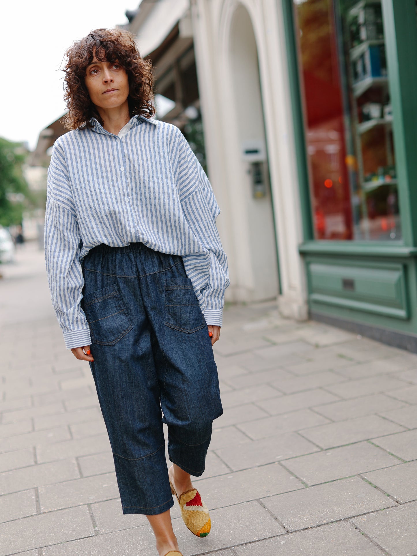 Mix stripe cotton shirts -Blue-