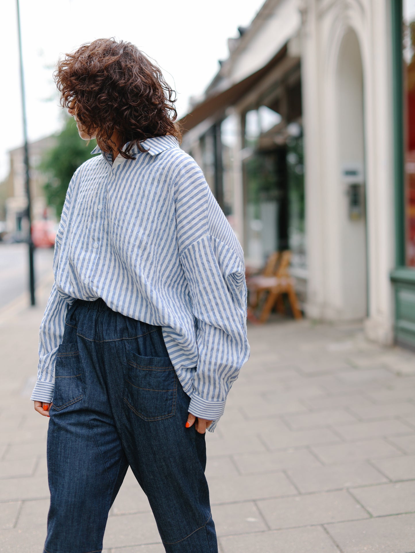 Mix stripe cotton shirts -Blue-