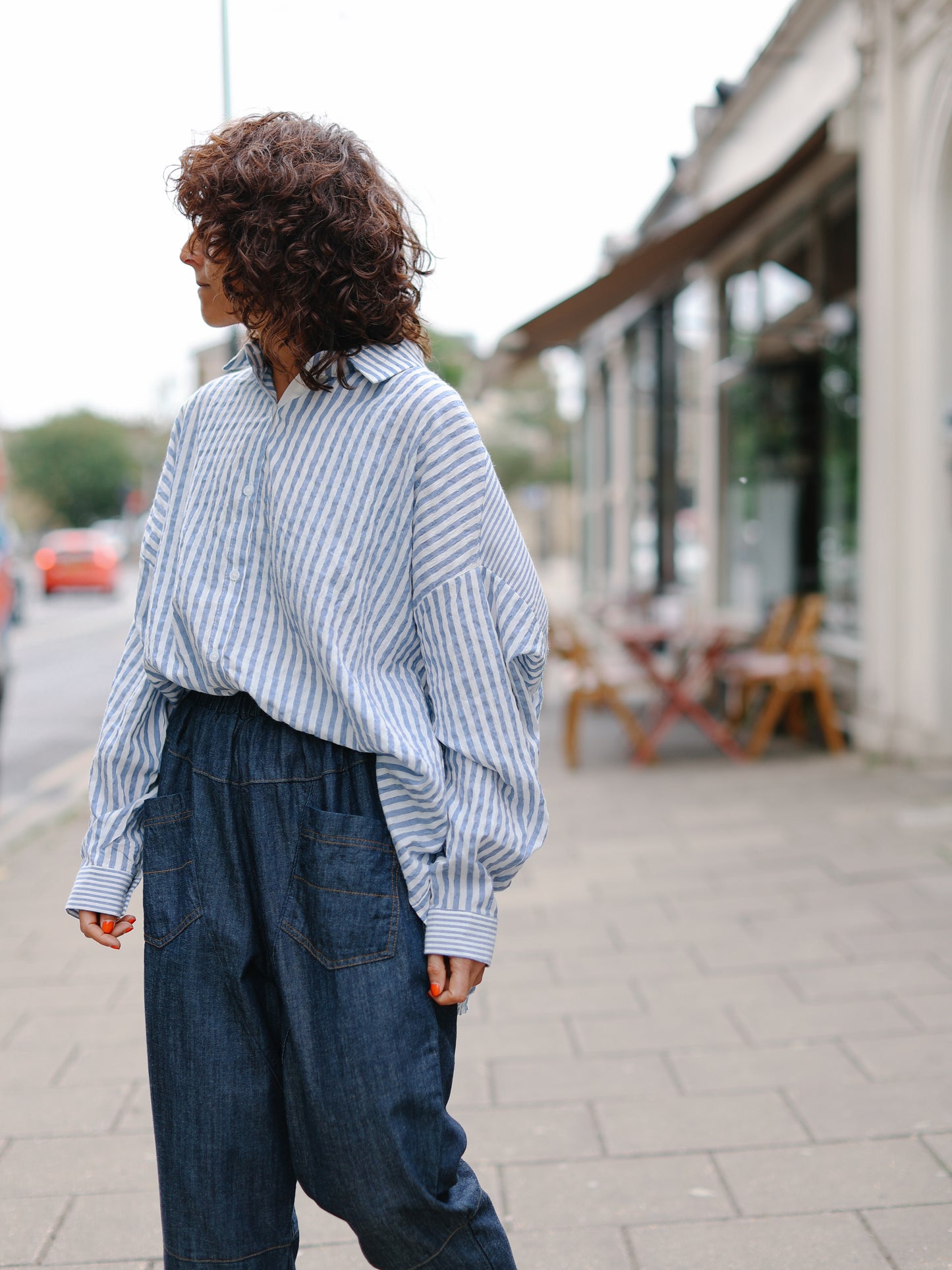 Mix stripe cotton shirts -Blue-