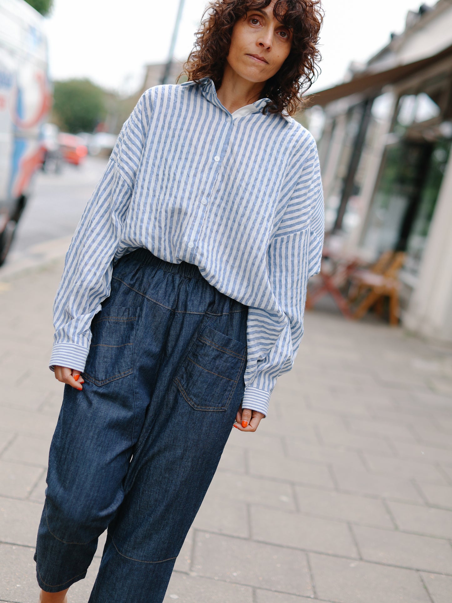 Mix stripe cotton shirts -Blue-