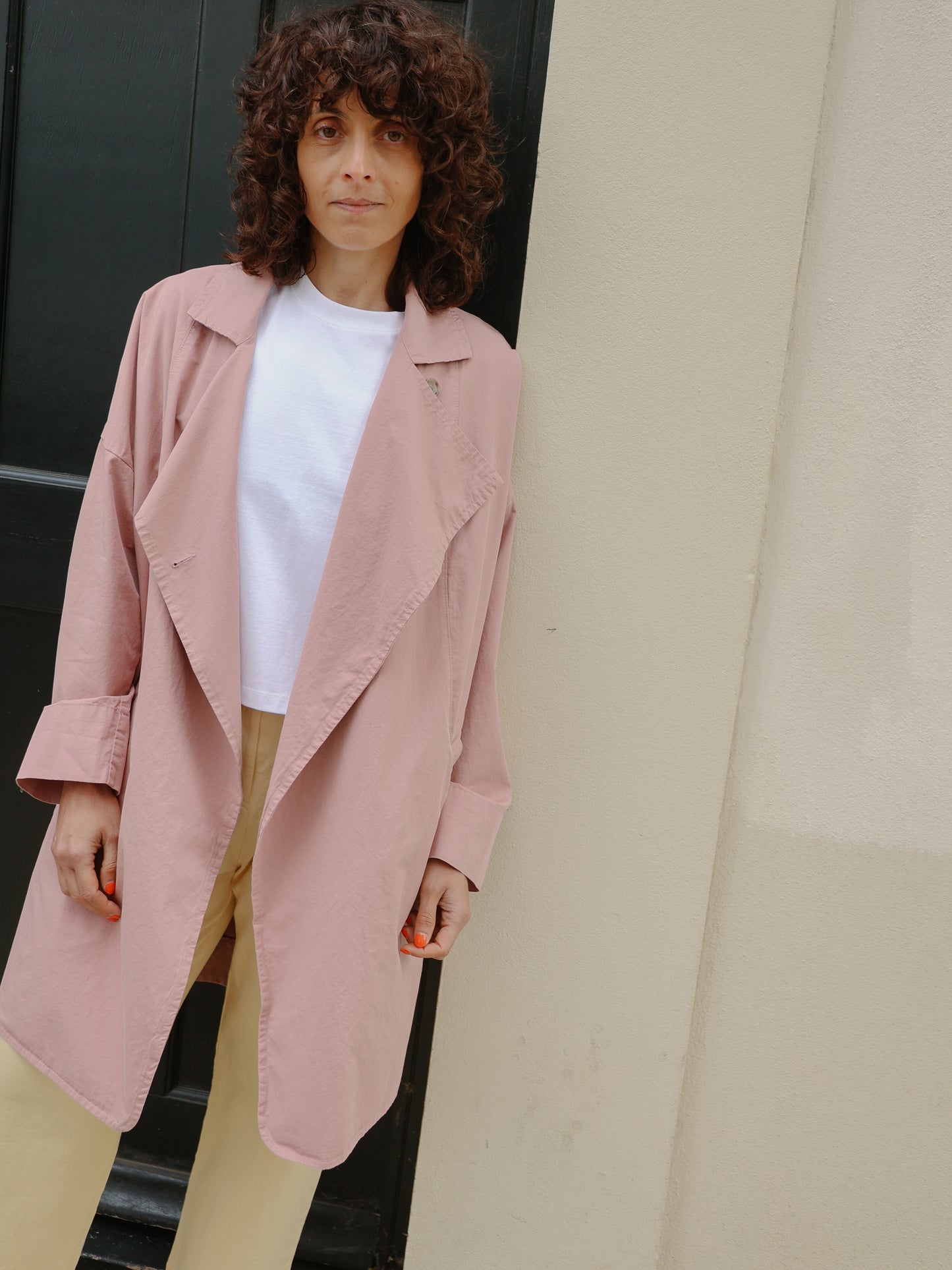Double breasted folded sleeve cotton Jacket -Pink-