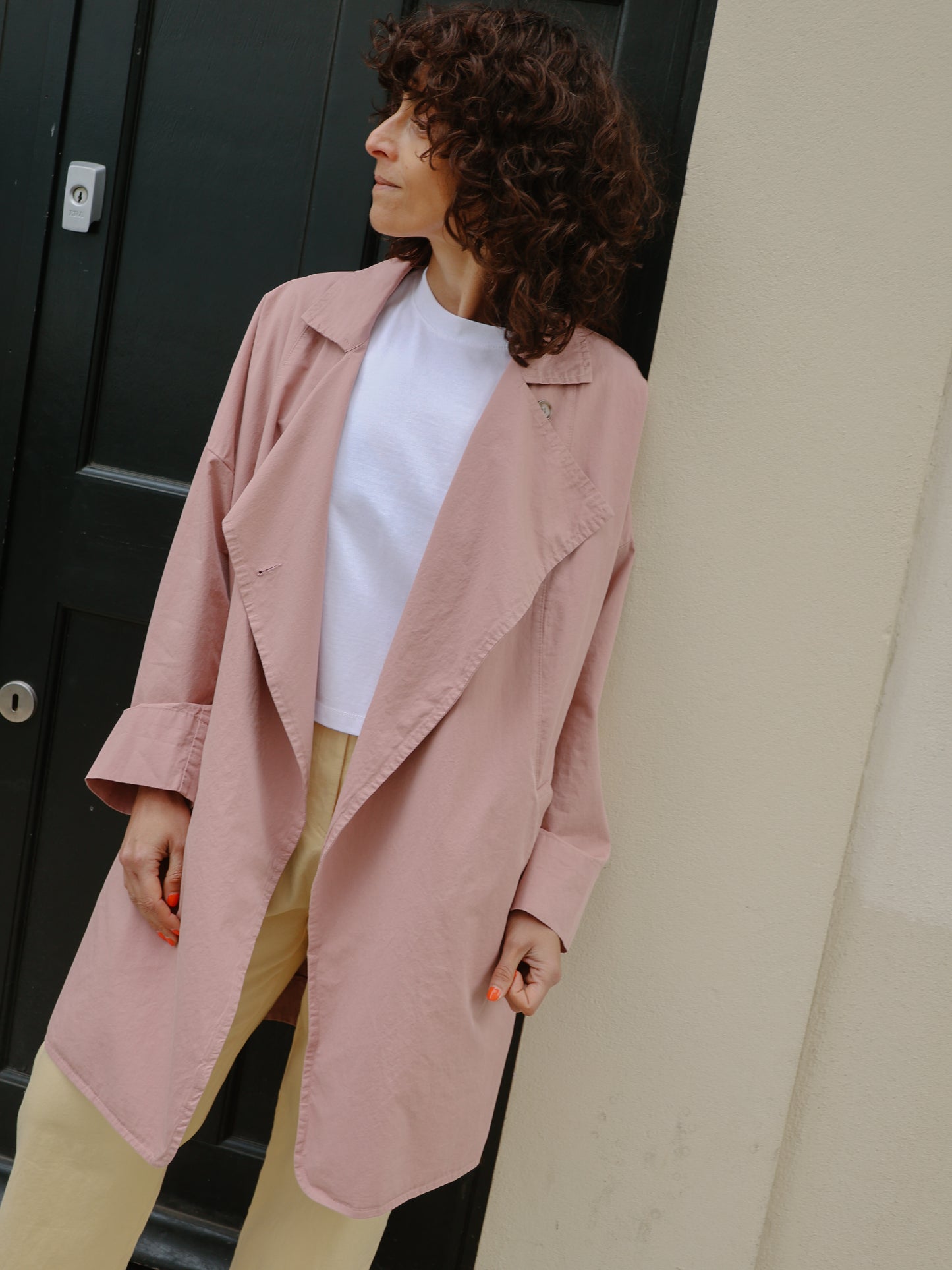 Double breasted folded sleeve cotton Jacket -Pink-