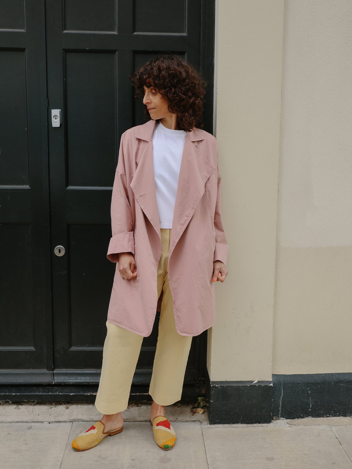 Double breasted folded sleeve cotton Jacket -Pink-