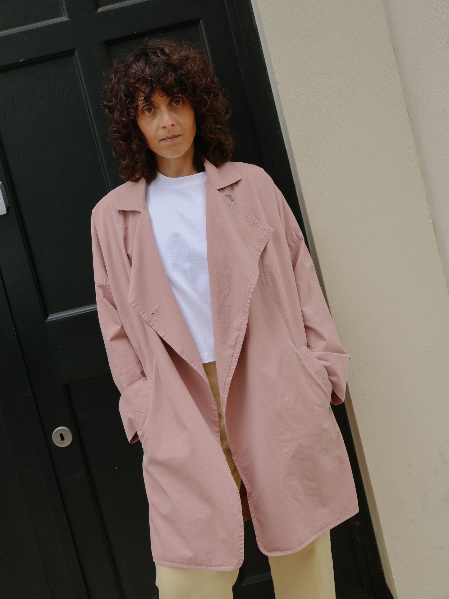 Double breasted folded sleeve cotton Jacket -Pink-