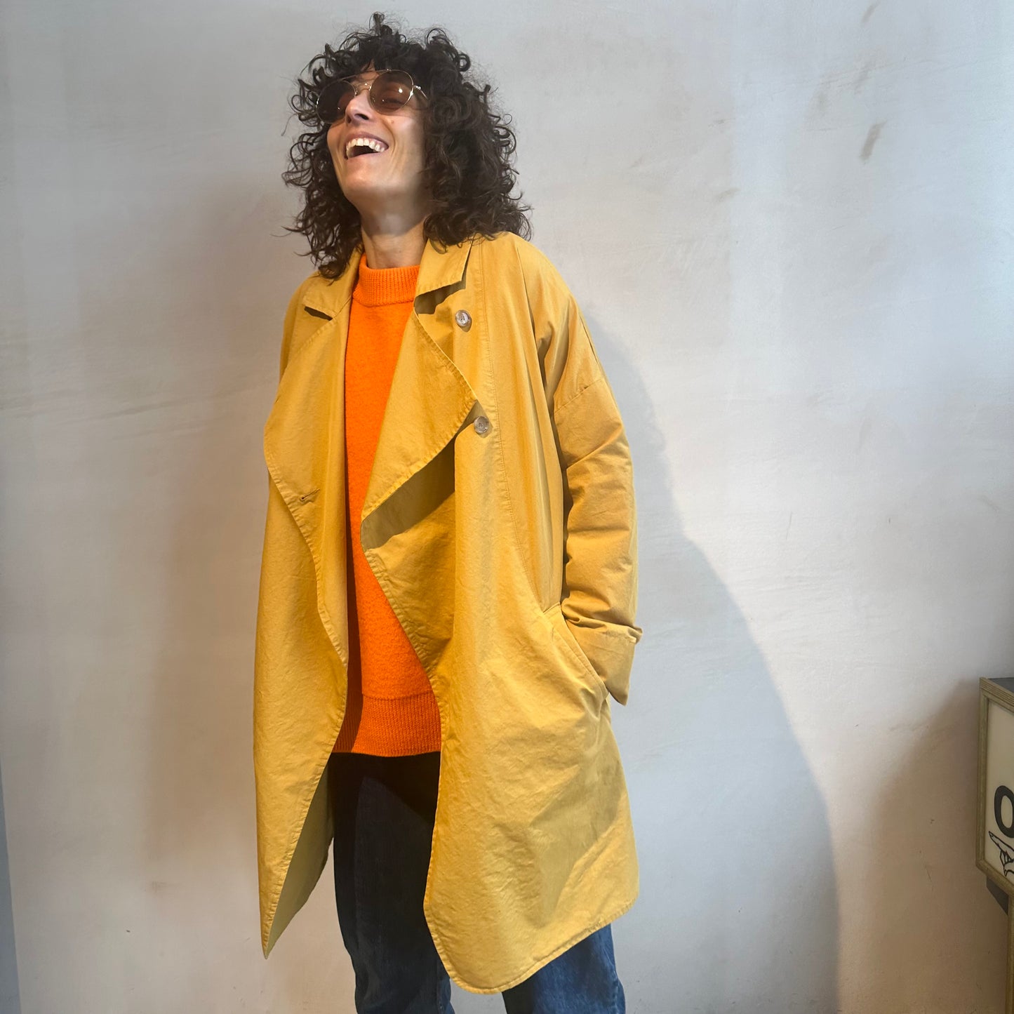 Double breasted folded sleeve cotton Jacket -Yellow-