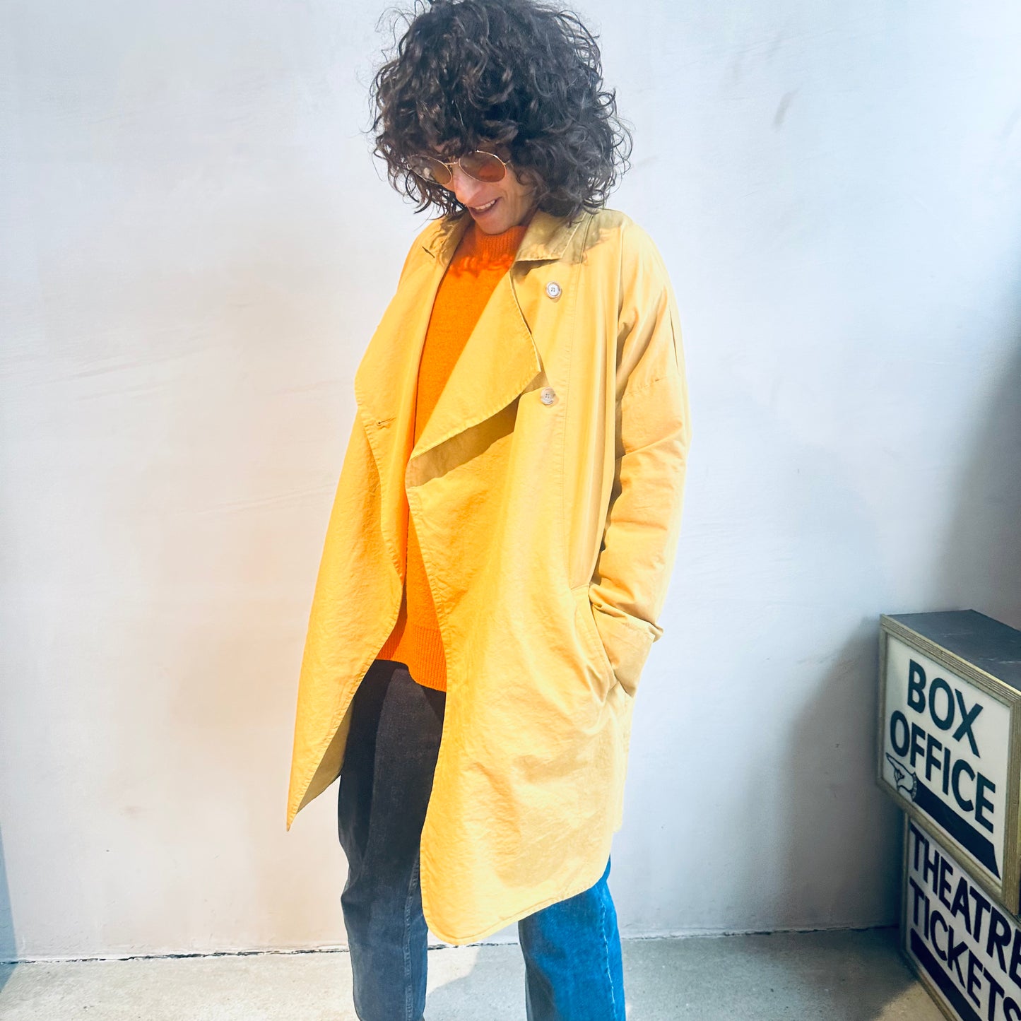 Double breasted folded sleeve cotton Jacket -Yellow-