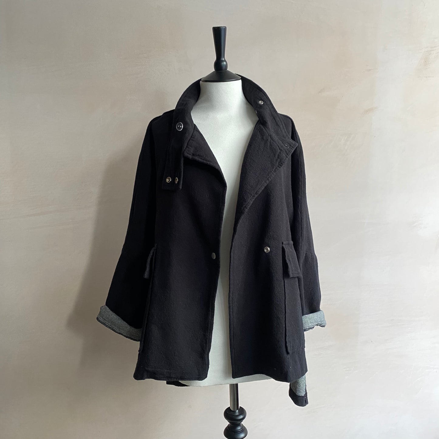 High neck kimono JK brushed cotton checked back - Black -