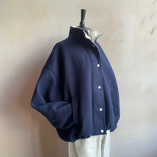 White Corduroy Collar Zip Up JK -Navy-