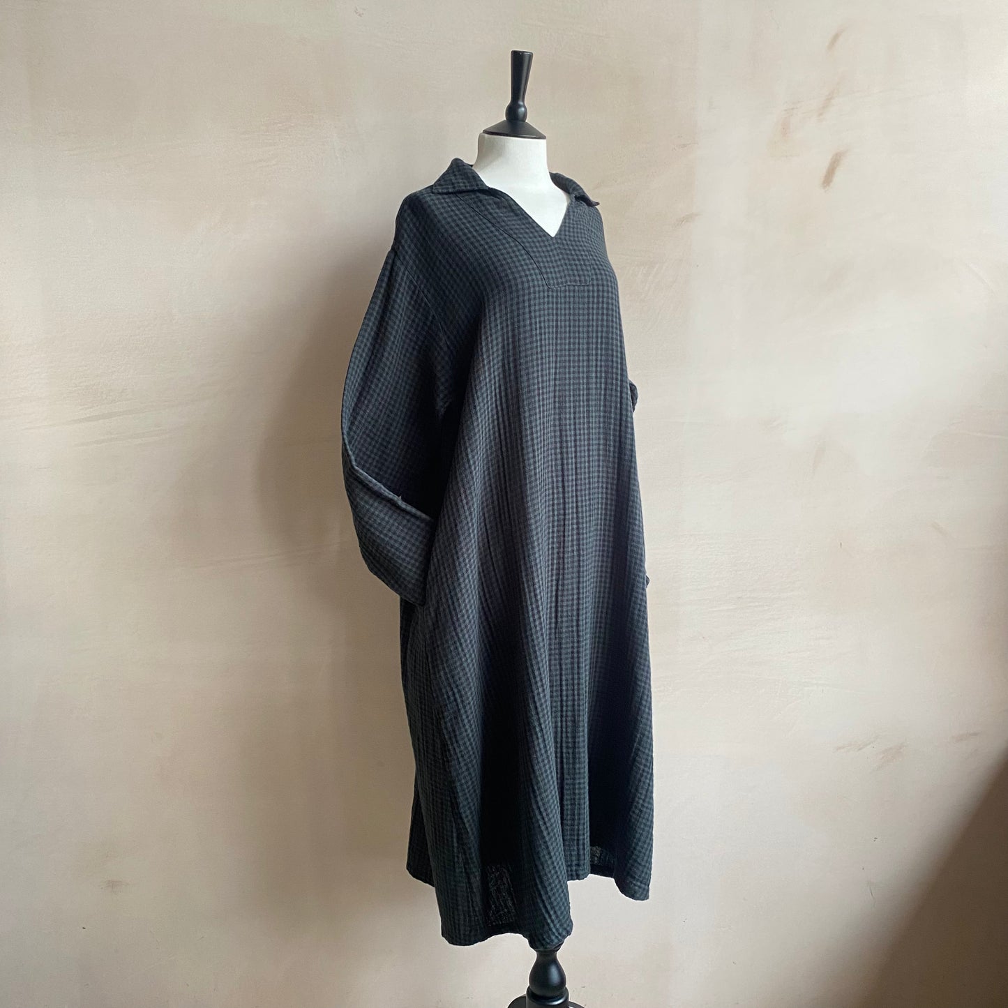 Portrait collar checked cotton dress