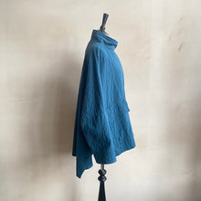 High neck kimono textured cotton Jackets -Blue-
