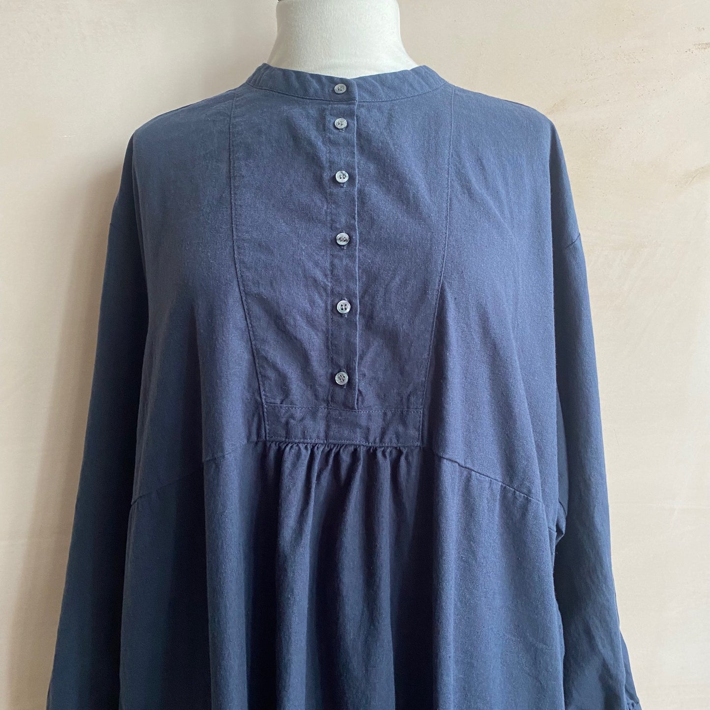Cotton linen LS long dress -Navy-