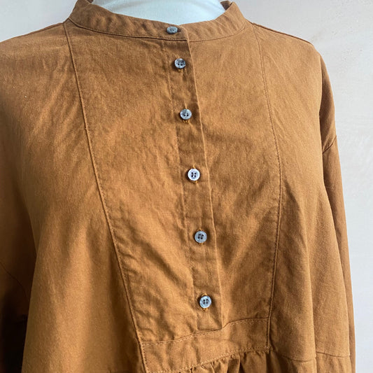 Cotton linen LS long dress -Orange-