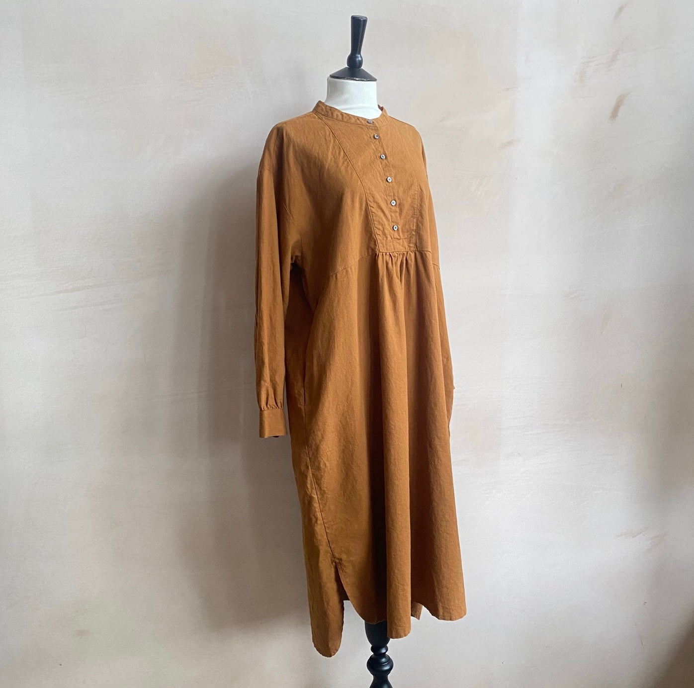 Cotton linen LS long dress -Orange-