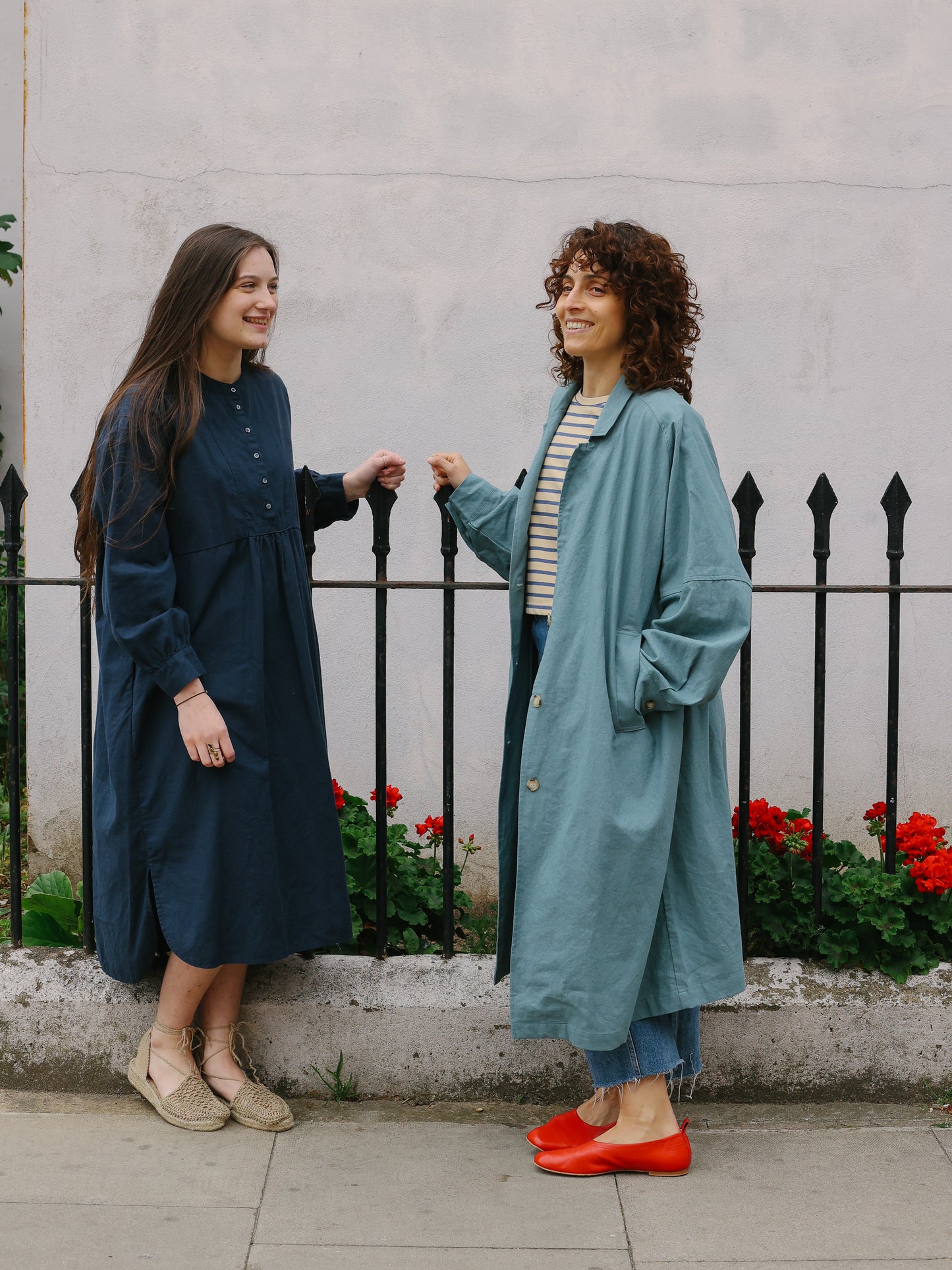 Cotton linen LS long dress -Navy-