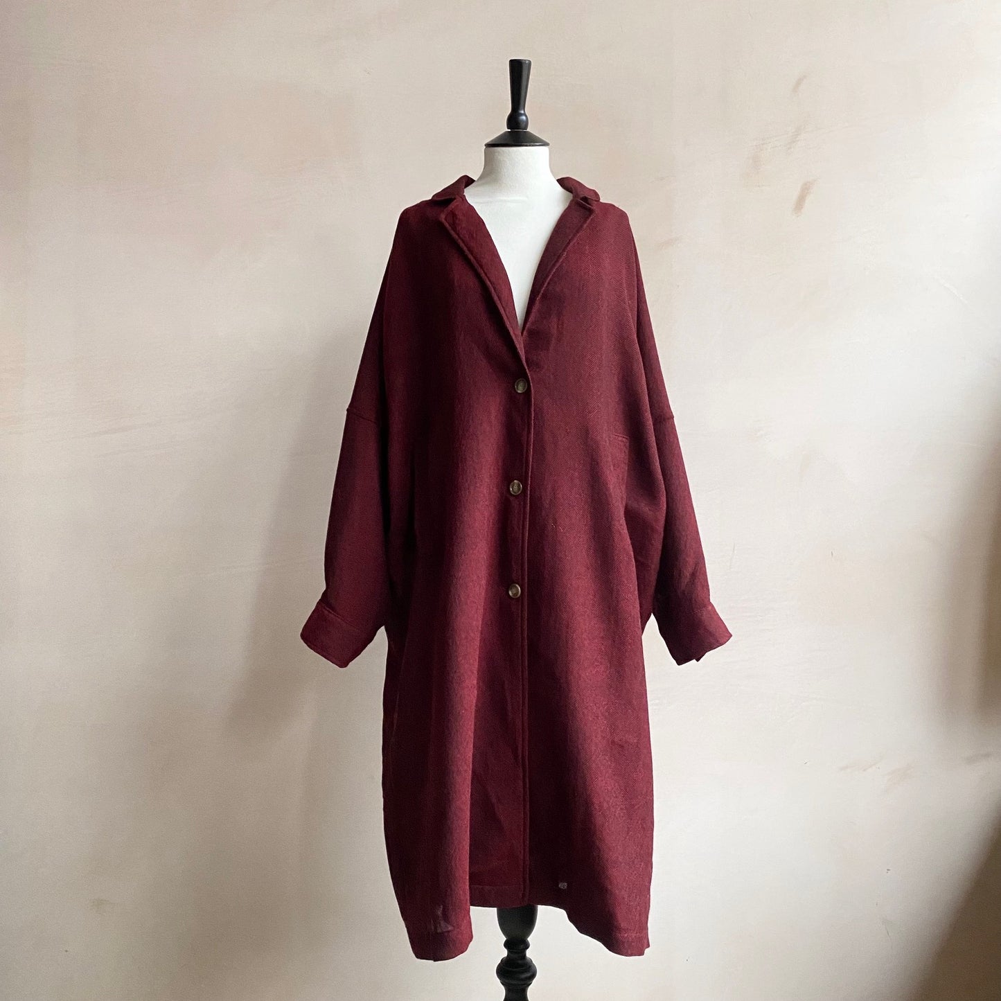 Balloon Sleeve light weight wool long Coat -Red-