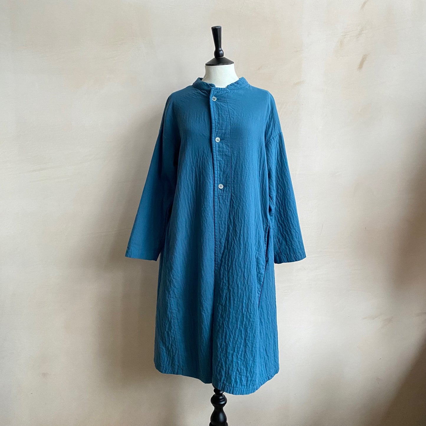Textured cottton Mao Collar Long JK -Blue-