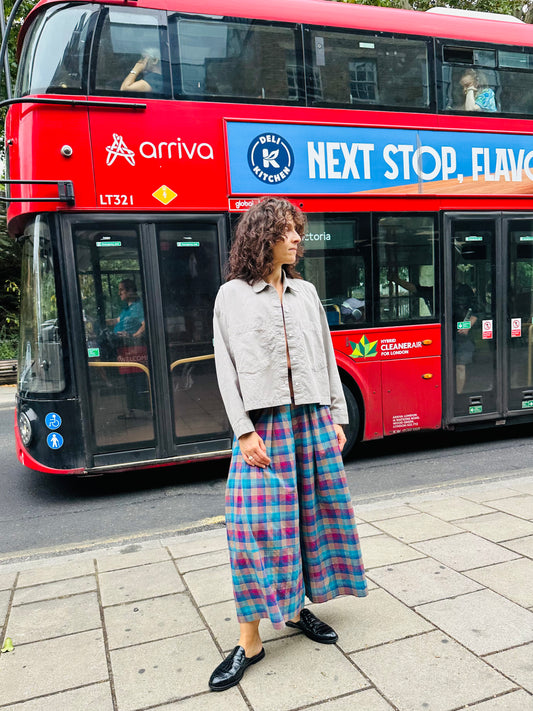 Light weight check long wide trousers -Blue-